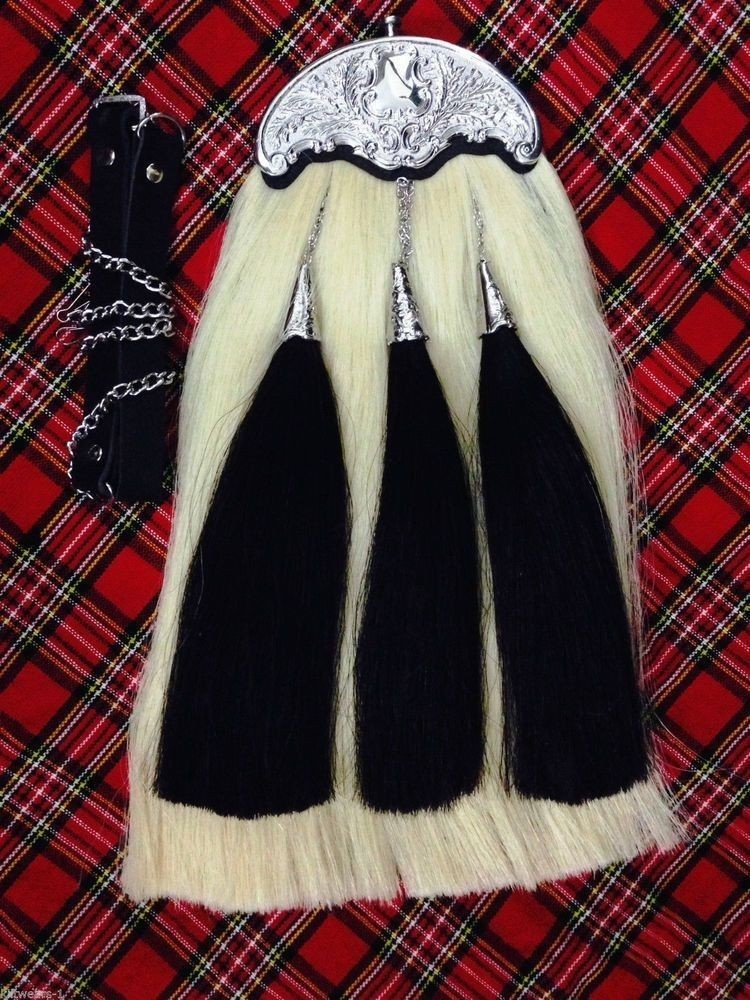 Piper Kilt Sporran Original White Horse Hair Antique Cantle 3 Black Hair Tassles 