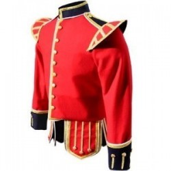 Red / Dark Blue Pipe Band Doublet with dark blue collar, cuffs, and epaulettes, gold braid trim and gold buttons