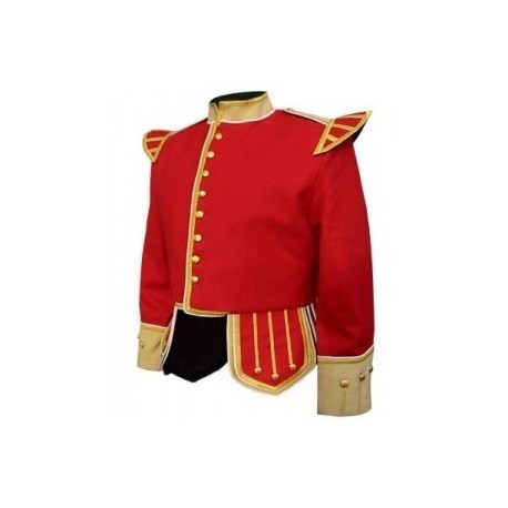 Red / Buff Pipe Band Doublet with buff collar, cuffs, and epaulettes, gold braid trim and gold buttons